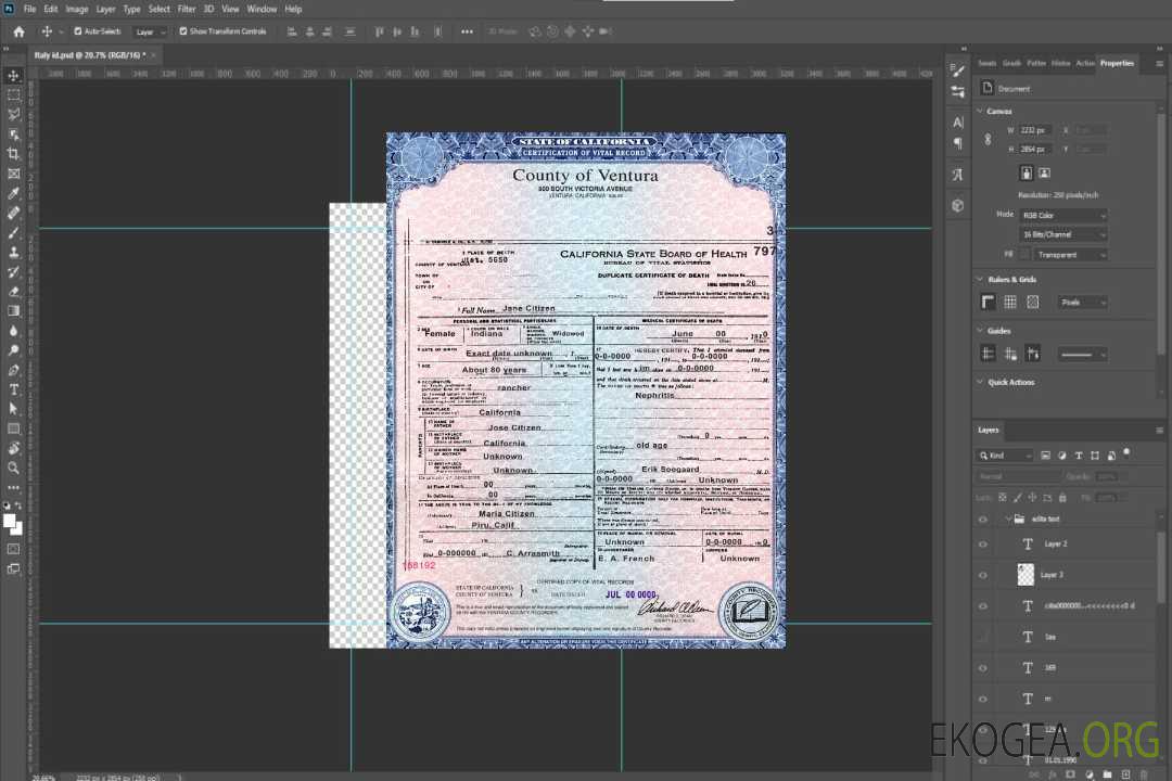 Modèle de certificat de décès du comté de Ventura, État des États-Unis, en Californie, au format PSD template Modèle de certificat de décès du comté de Ventura, État des États-Unis, en Californie, au format PSD template